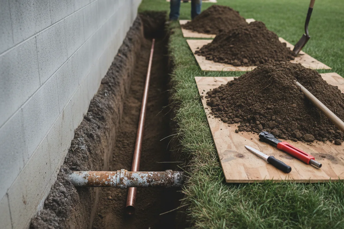 Excavated water line trench during Water Softener Installation in Millport